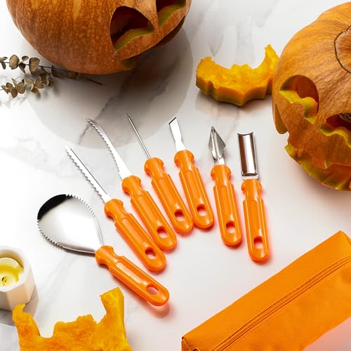 Qintora Halloween Kürbis Schnitzset, 7 Stück Schnitzwerkzeuge kürbis Edelstahl mit Aufbewahrungstasche, kürbisschnitz set DIY Halloween Kürbis Deko Ideal für Kinder und Erwachsene von Qintora