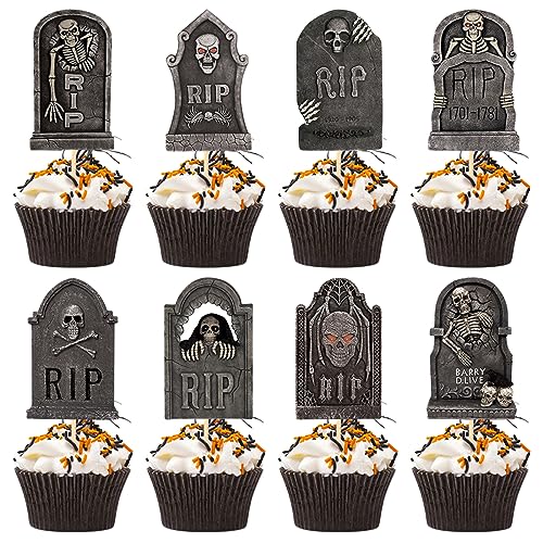 16St Halloween Kuchen Deko Cupcake Toppers, Halloween Tortendeko Grabsteinmuster Cake Toppers Food Picks Halloween Muffin Deko für Halloween Party von Qipiray