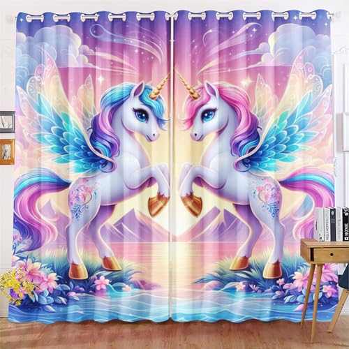 Qiqumax Einhorn Vorhänge Regenbogen-Einhorn Schlafzimmer Einhorn Vorhang Cartoon Einhorn Verdunkelungsvorhang Pferd Kinder Blickdichte Vorhänge (1,280x245cm(BxH)/ 140x245cmx2) von Qiqumax