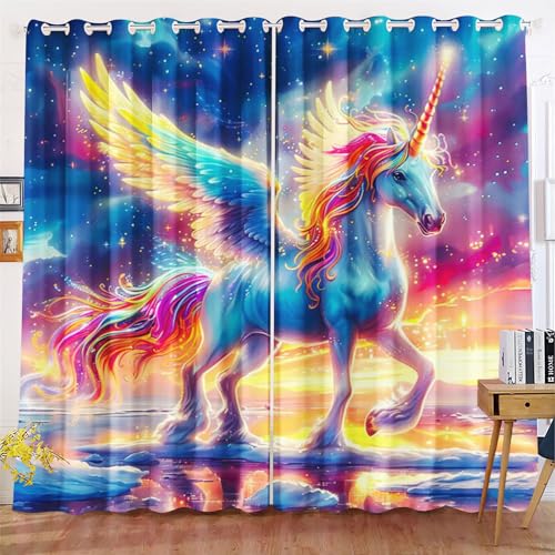 Qiqumax Einhorn Vorhänge Regenbogen-Einhorn Schlafzimmer Einhorn Vorhang Cartoon Einhorn Verdunkelungsvorhang Pferd Kinder Blickdichte Vorhänge (3,183x160cm(BxH)/ 91.5x160cmx2) von Qiqumax