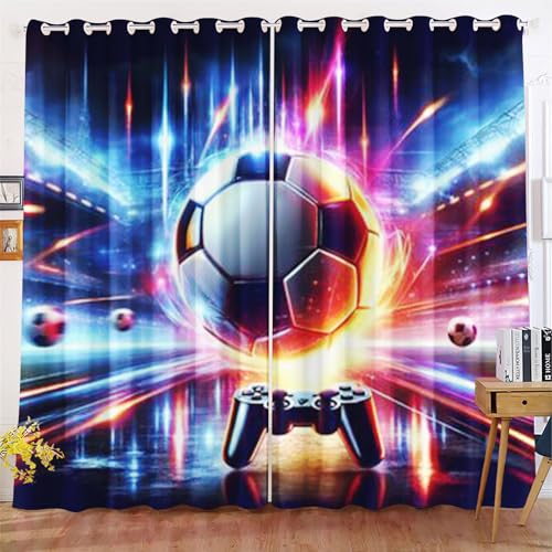 Qiqumax Fußball Gardinen Verdunkelungsvorhänge Für Kinderzimmer Jungen Fußball Sport Blickdicht Vorhänge Fußball Verdunkelungsvorhang Für Schlafzimmer (7,100x140cm(BxH)/ 50x140cmx2) von Qiqumax