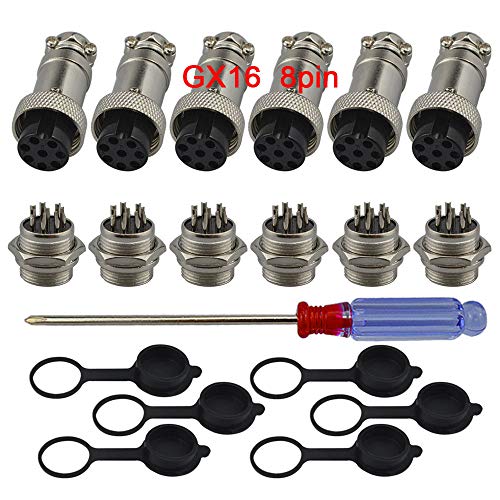 QitinDasen 6Pcs Premium GX16–8 Pin Aviation Stecker Adapter, 5A 16mm Gewinde Männlich Weiblich Metall Luftfahrt-Stecker Drahtverbinder Kit, mit Gummi Schutzkappe und Schraubenzieher von QitinDasen