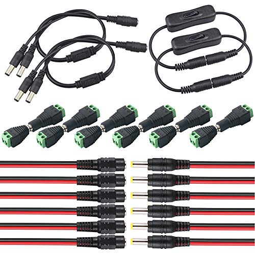 QitinDasen Premium 5.5 X 2.1mm DC Verbinder Kit: 6 Paar DC Power Stecker Buchse Adapter + 6 Paar DC Power Pigtail Kabel + 2Pcs DC Inline Schalter Kabel + 2Pcs DC Splitter Kable von QitinDasen