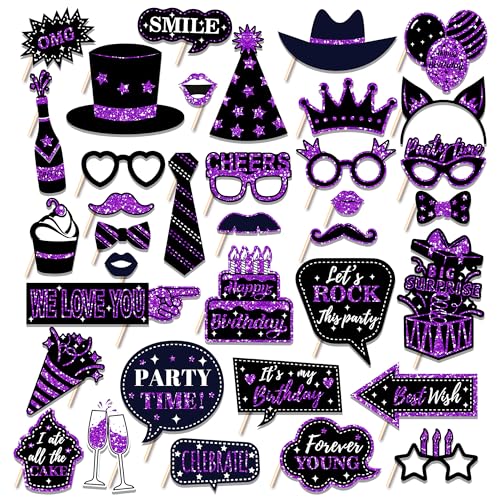 36 PCS Geburtstag Foto Booth Requisiten Party Supplies Foto Box Zubehör Urlaub Bild Dekorationen Foto Booth Requisiten für Geburtstag Karneval Halloween Gefälligkeiten Pose Zeichen Kit Spaß für Party von Qiuboluny