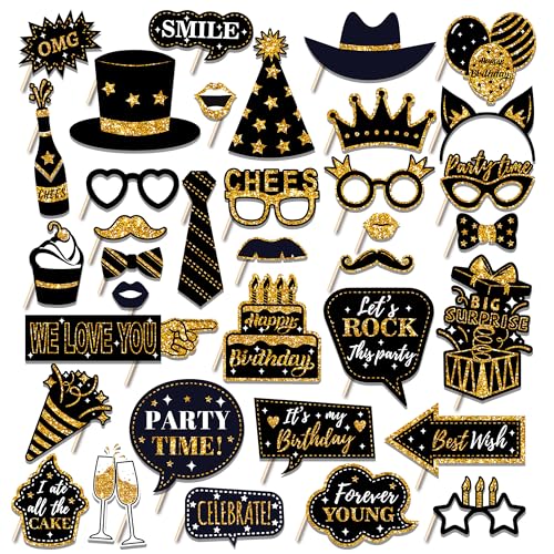 36 PCS Geburtstag Foto Booth Requisiten Party Supplies Foto Box Zubehör Urlaub Bild Dekorationen Foto Booth Requisiten für Geburtstag Karneval Halloween Gefälligkeiten Pose Zeichen Kit Spaß für Party von Qiuboluny