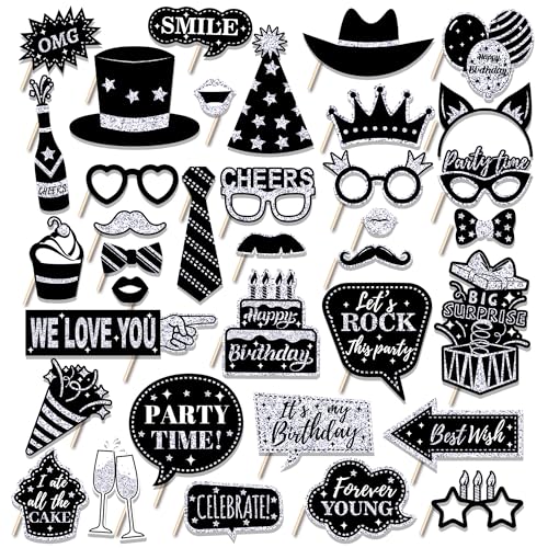 36 PCS Geburtstag Foto Booth Requisiten Party Supplies Foto Box Zubehör Urlaub Bild Dekorationen Foto Booth Requisiten für Geburtstag Karneval Halloween Gefälligkeiten Pose Zeichen Kit Spaß für Party von Qiuboluny