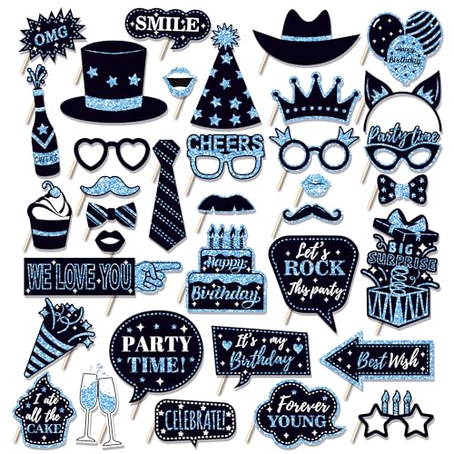 36 PCS Geburtstag Foto Booth Requisiten Party Supplies Foto Box Zubehör Urlaub Bild Dekorationen Foto Booth Requisiten für Geburtstag Karneval Halloween Gefälligkeiten Pose Zeichen Kit Spaß für Party von Qiuboluny