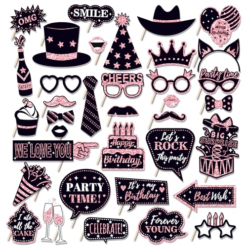 36 PCS Geburtstag Foto Booth Requisiten Party Supplies Foto Box Zubehör Urlaub Bild Dekorationen Foto Booth Requisiten für Geburtstag Karneval Halloween Gefälligkeiten Pose Zeichen Kit Spaß für Party von Qiuboluny