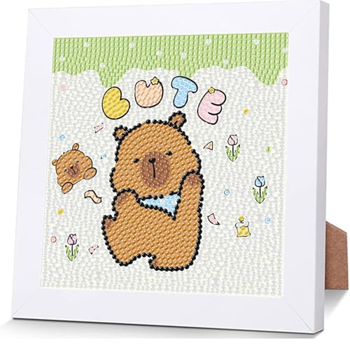 Qiukoo Diamond Painting Kinder ab 6 Jahre Diamant Painting Bilder mit Rahmen Diamond-painting Tiere Capybara Bastelset Kinder ab 7 8 9 10 11 12 Jahre Geschenke Kind (Grün) von Qiukoo