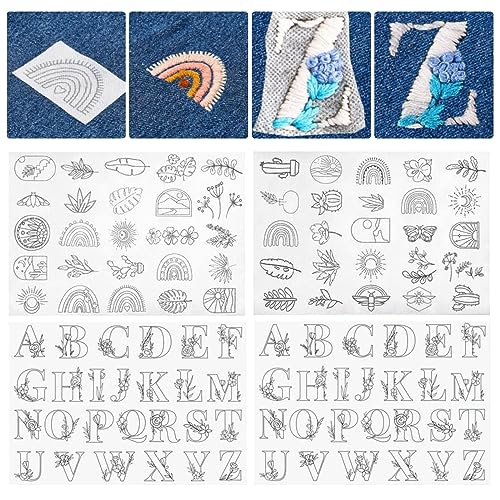 Qivine 100 Stück Stickvorlagen Wasserlösliche 4 Blatt Selbstklebend Stickvlies Stabilisator Stickbilder Alphabet Blätter Stickaufkleber für DIY Stickerei Handnähen Kleidung Taschen von Qivine