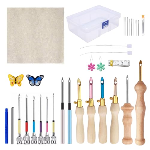 Qivine 35 Stück Punch Needle Set, Stickerei Punch Nadel Werkzeug Set mit Stanznadel Holzgriff, Sticknadeln und Stumpfe Nadel, Stickerei Starter Kit für Anfänger Erwachsene von Qivine