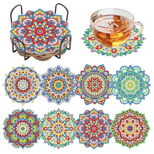 Qivine 8 Stück Diamond Painting Untersetzer mit Halter, 10cm Rund Mandala Kunst Tassenuntersetzer, Holz Diamond Malerei Untersetzer Tisch Deko für Tassen, Weingläser, Vasen von Qivine