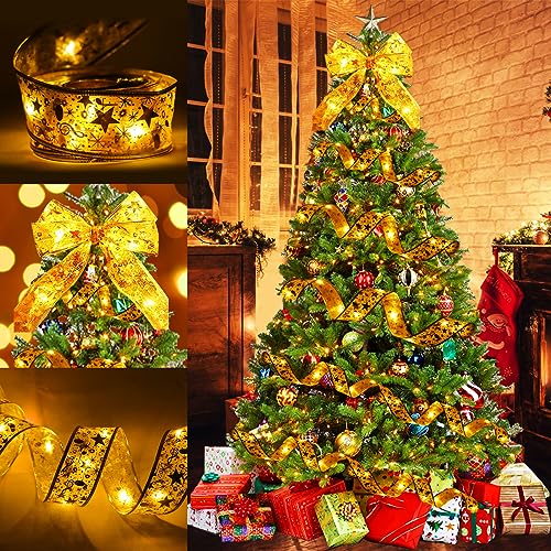 Qivine Weihnachtsband Lichter, 10m 100 LED Weihnachtsbaum Glänzende Band Lichterkette Warmweiß Batteriebetrieben Gold Deko Weihnachtslichterkette für Weihnachten Hochzeit Party von Qivine