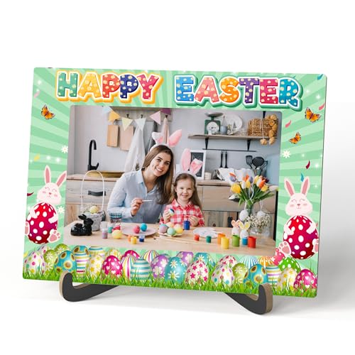 A03 Bilderrahmen "Happy Easter", niedlicher Osterhasen-Holz-Tisch-Bilderrahmen mit Ständer, Frühlingsgeschenke, Zuhause, Wohnzimmer, Schlafzimmer, Büro, Osterdekoration, Frühlings-Ostergeschenke für von Qiwog