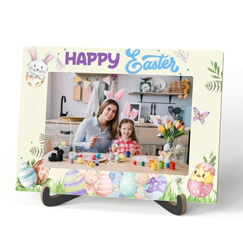 Qiwog Happy Easter Bilderrahmen, Osterei-Thema, Holz-Tisch-Bilderrahmen mit Ständer, Frühlingsgeschenke, Zuhause, Wohnzimmer, Schlafzimmer, Büro, Osterdekoration, Frühlings-Ostergeschenke für Freunde von Qiwog