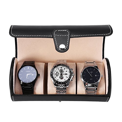 Qkiss Uhrenbox, Schmuckschatulle, zylindrischer 3-Gitter-Uhrenrollenhalter, Uhrenvitrine, Aufbewahrungsbox für Schmuckgeschenke(Schwarz) von Qkiss