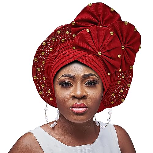 Nigerian Gele Headties mit Perlen und Steinen, afrikanische Kopfbedeckung für Damen, bereits hergestellt (Hot Red, 1) von QliHut