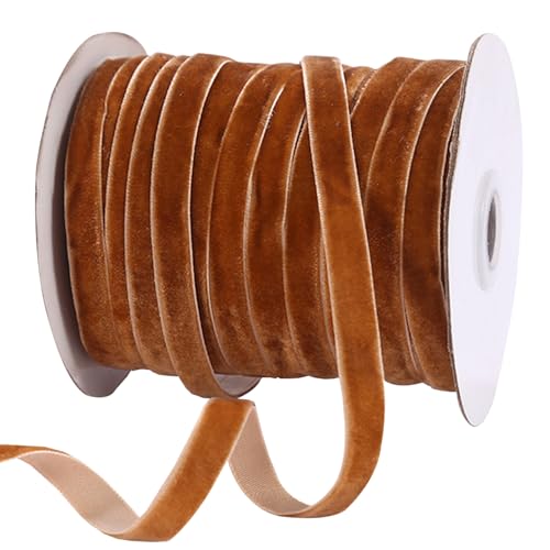 QmjdDymx 1 Rolle braunes Samtband 50 Yards für Geschenkverpackungen, 3/8" breites einseitiges Samtkräuselband mit Spule handgemachtes Samt-Haarband für Basteldekorationen, Weihnachtsbaum von QmjdDymx