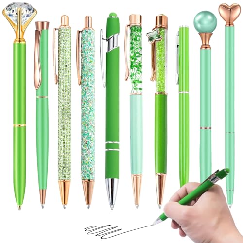 QmjdDymx Kugelschreiber, 10pcs/Set Crystal Glitter Green Stifte, Edelstahl -Diamantdesign, schwarze Tinte, hübsche niedliche Stifte für Journaling, Frauen, Schule, Büro, lustige Stifte von QmjdDymx