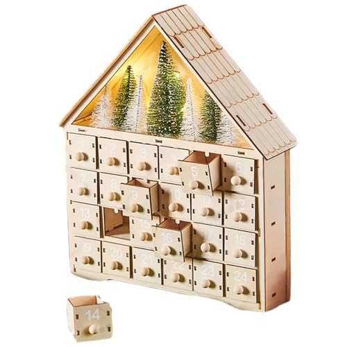 Weihnachtsab Adventskalender mit LEDs Holz Adventskalender mit Weihnachtsbaum und 24 Schubladen Weihnachtsdekorationen für Erwachsene Kinder, Holz Adventskalender, Adventskalender von QmjdDymx