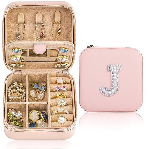 Qncssk Reise-Schmuckschatulle für Damen und Mädchen, kleiner Schmuckkoffer, Organizer mit Glitzer-Perlen, Anfangsbuchstabe – Mini-Elegant, personalisiertes Geburtstags-, Brautjungfer-Geschenk für von Qncssk