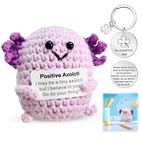 Qnynnty Positiver Axolotl Gehäkelt Pocket Hug Geschenk Positiver Axolotl Schlüsselanhänger mit Glücksbringer Karte Niedliche Häkel Axolotl Puppe für Geburtstag, Freunde und Deko (Lila) von Qnynnty