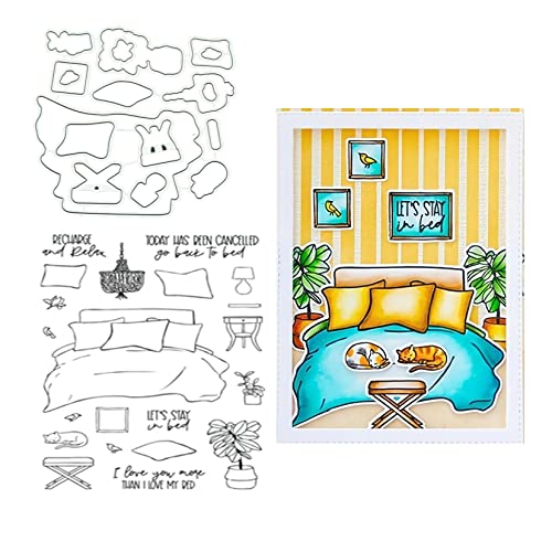 Qoiseys Bett und Katze transparente Stempel und Stanzformen Sets für Kartenherstellung, Stanzformen Stanzschablonen für DIY Scrapbooking Fotoalbum Dekorative Papier Basteln Prägeschablone von Qoiseys