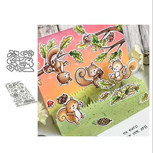 Qoiseys Eichhörnchen-Ernte-Silikon-Stempel und Stanzformen-Sets für Kartenherstellung, Metall-Stanzformen, Schablonen für DIY, Scrapbooking, Fotoalbum, dekoratives Papier, Basteln, Prägeschablone von Qoiseys