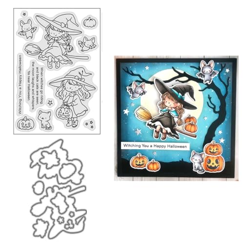 Qoiseys Halloween Hexe Clear Stamps and Dies Sets für Kartenherstellung, Stanzformen Stanzschablonen für DIY Scrapbooking Fotoalbum Dekoratives Papier Basteln Prägeschablone, KKQ10M24DS04, Splitter von Qoiseys