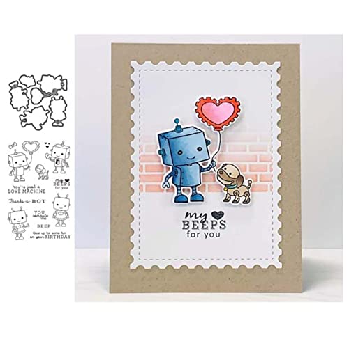 Qoiseys Roboter Silikon klare Stempel und Stanzformen Sets für Kartenherstellung, Metall Stanzformen Schnittschablonen für DIY Scrapbooking Fotoalbum Dekorative Papier Basteln Prägeschablone von Qoiseys