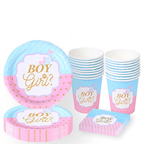 Baby Shower Deko Set, 64 Pcs Boy or Girl Partygeschirr, Gender Reveal Party Geschirr, Papier Strohhalme, Teller, Tassen, Servietten, für Babyparty Partybedarf(16 Gäste) von Qooloo