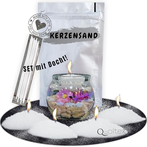 Kerzensand mit Docht SET 250g - Hohwertige Wachsperlen Weiß unbeduftet und Rußfrei - Kerzenwachs Kerzen Sand Granulat Wachsgranulat von Qooltex