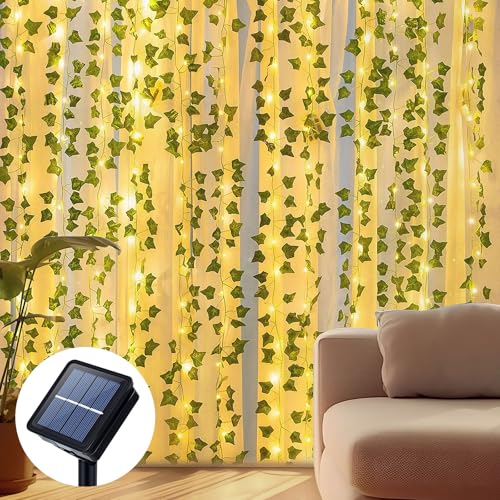 Qoosea 12M Künstlicher Efeu Solar Lichterkette 100LED Lichterkette Außen 8 Modi Wasserdicht Solarlichterkette für Garten Zaun Balkon Weihnachten Hochzeit Decor von Qoosea