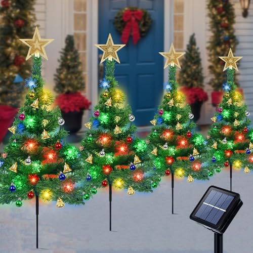 Qoosea 4 Stück Solar Weihnachtsbaum Lichter Weihnachtsbaum im Freien mit 80LED Schneeflocken Bunte Lichter 8-Moden wasserdichte Solarbetriebene Weihnachtslichter für Weg Garten Weihnachtsdekoration von Qoosea