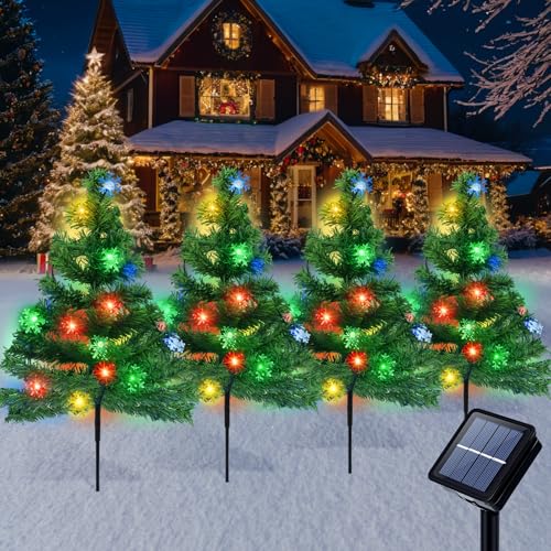 Qoosea 4 Stück Solar Weihnachtsbaum Pfahl Lichter Weihnachtsbaum im Freien mit 80LED Schneeflocken Lichter 8-Modi Wasserdichte solarbetriebene Gartenleuchten für Weg Weihnachtsdekoration für Außenhof von Qoosea