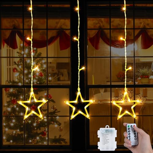 Qoosea Curtain Fensterdeko Weihnachten mit 3 Sterne 39LED Weihnachtsvorhang Lichter 8 Modi Lichtervorhang Weihnachten Sterne Lichterkette Weihnachtsdeko Innen Außen Fenster Lichterkette von Qoosea