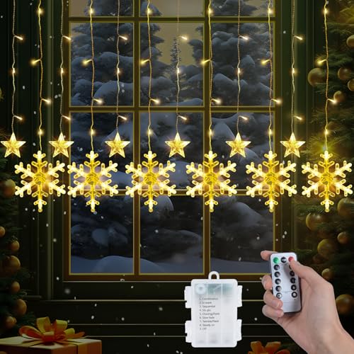 Qoosea Curtain Fensterdeko mit 6 Sterne 6 Schneeflocken 126LED Weihnachtsvorhang Lichter 8 Modi Lichtervorhang Weihnachten Weihnachtsdeko Innen Außen Fenster Lichterkette Christmas Decor von Qoosea