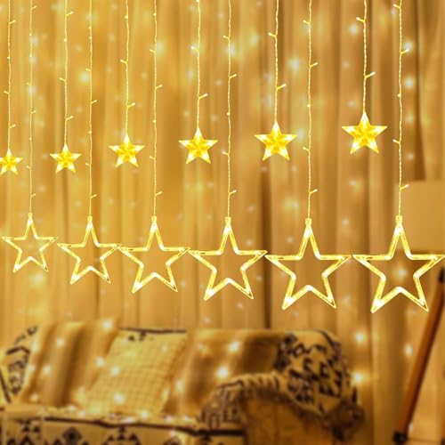 Qoosea LED Lichterketten Stern, 126LED 4M Lichterkettenvorhang Innen, Wasserdicht Sternenvorhang Weihnachtsbeleuchtung, für Weihnachten Ramadan Hochzeit Garten Schlafzimmer Dekorationen Lamp, Warmweiß von Qoosea