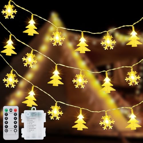 Qoosea Lichterkette Innen mit Schneeflocke Weihnachtsbaum 40LED Feen Lichter Batterie Wasserdicht 8 Modi LED Lichterkette Außen Weihnachten Lichterkette mit Fernbedienung für Weihnachtsgarten Patio von Qoosea