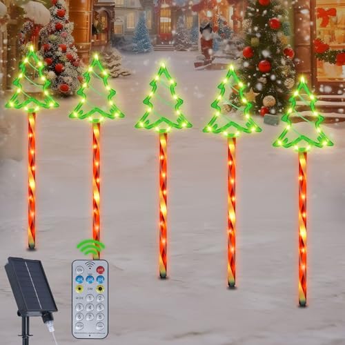 Qoosea Solar Weihnachtsbeleuchtung Außen, 5 Stück Solar Weihnachtsbaum Lichterketten mit Zuckerstangen, wasserdichte Solar Gartenleuchten 8 Modi Weihnachtsdeko Lichter für Terrasse Gehweg Hof Rasen von Qoosea