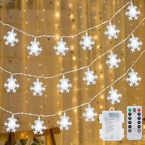 Qoosea Weihnachten Schneeflocke Lichterketten, 20.6ft 50 LED Lichterketten Batteriebetriebene, 8 Modi Wasserdicht Weihnachtesbeleuchtung, Dekoration für Hochzeit Garten Innen Außen, Kaltweiß von Qoosea