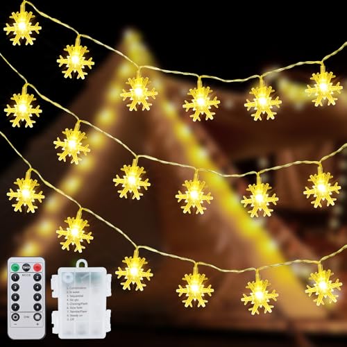 Qoosea Weihnachten Schneeflocke Lichterketten, 20.6ft 50 LED Lichterketten Batteriebetriebene, 8 Modi Wasserdicht Weihnachtesbeleuchtung, Dekoration für Hochzeit Garten Innen Außen, Warmweiß von Qoosea