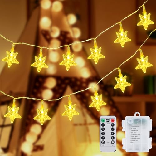 Qoosea Weihnachten Sterne Lichterketten, 19.7ft 40 LED Sterne Lichterketten Batteriebetriebene 8 Modi, Wasserdicht Weihnachtesbeleuchtung für Hochzeit, Garten, Party, Innen, Außen Dekoration, Warmweiß von Qoosea