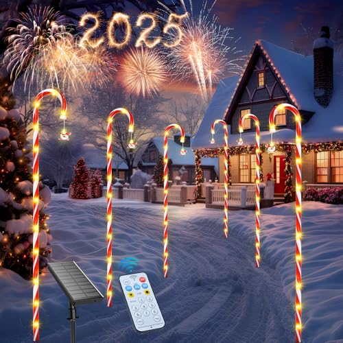 Qoosea Weihnachtsdeko Aussen Zuckerstangen 6 Stück, 80 LED 1.2M Solar Weihnachtsbeleuchtung mit Schneemann, Wasserdichte Solarlampen 8 Modi Weihnachten Lichter für Terrasse Gehweg Rasen von Qoosea