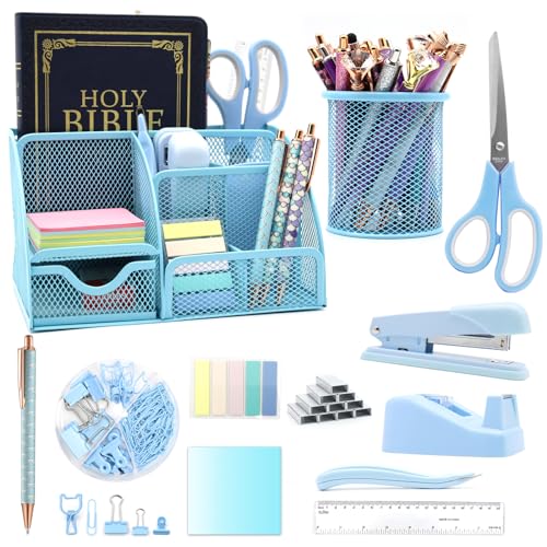 12-in-1 blaues Schreibtisch-Organizer- und Zubehör-Set, blaues Bürozubehör, blauer Hefter, Stifthalter, Klebebandhalter, Heftklammern, Klammerentferner für Schule, Geschenke für Kollegen, Frau von QpenguinBabies