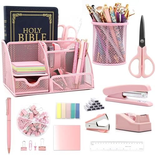 12-in-1 rosa Schreibtisch-Organizer und Zubehör-Set, rosa Bürobedarf, rosa Hefter, Stifthalter, Klebebandhalter, Heftklammern, Klammerentferner für Schule, Geschenke für Kollegen, Frauen von QpenguinBabies