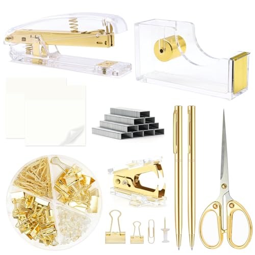 Goldfarbenes Bürobedarf, goldenes Schreibtischzubehör, Hefter und Klebebandspender-Set mit Hefter, Klebebandabroller, Heftklammern, Clips, Schere, Kugelschreiber und Haftnotizen, Geschenke für von QpenguinBabies