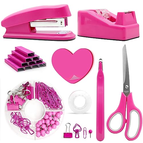 Hot Pink Bürobedarf, Schreibtischzubehör, Hefter und Klebebandspender-Set für Frauen mit Hefter, Klebebandspender, Heftklammern, Clips, Schere und Haftnotizen für Studenten, Büroangestellte von QpenguinBabies