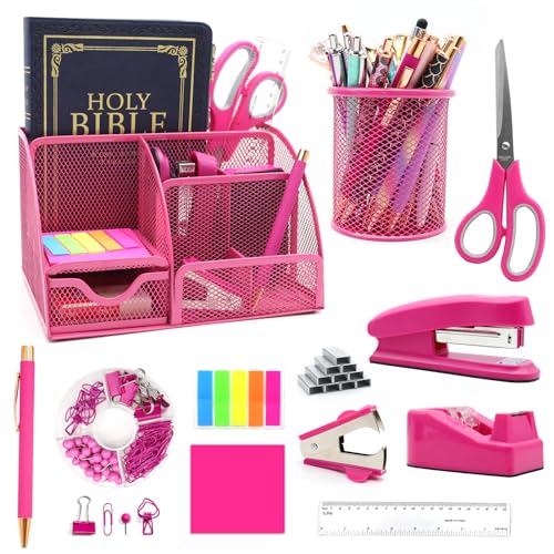 QpenguinBabies Hot Pink Schreibtisch-Organizer und Bürobedarf-Set, Hot Pink Schreibtisch-Accessoires, Hot Pink Geschenke für Kollegen Frauen, Hot Pink Hefter Stifthalter Klebeband von QpenguinBabies