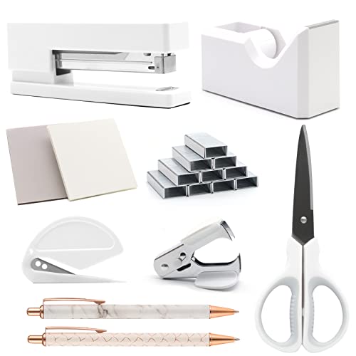 Tischhefter (white, 10 Stück) Weißes Bürozubehör, Geschenke für Frauen, Hefter- und Klebebandabroller-Set, Heftklammern, Heftklammerentferner, weißes Schreibtischzubehör für Büro, Schule von QpenguinBabies